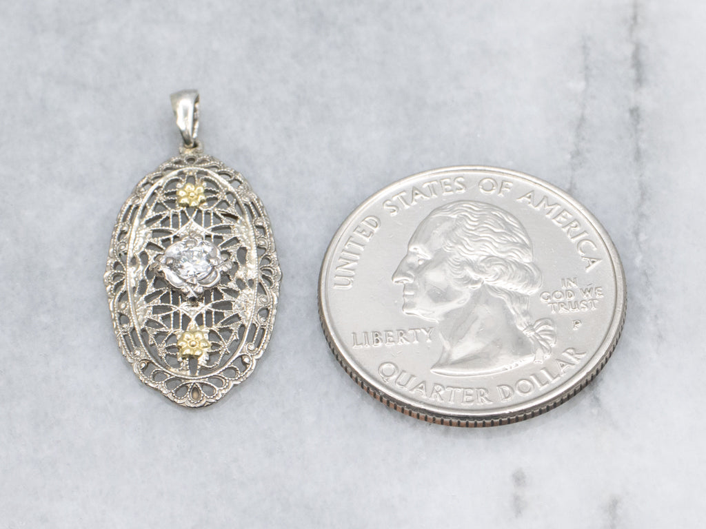 European Cut Diamond Art Deco Floral Filigree Pendant