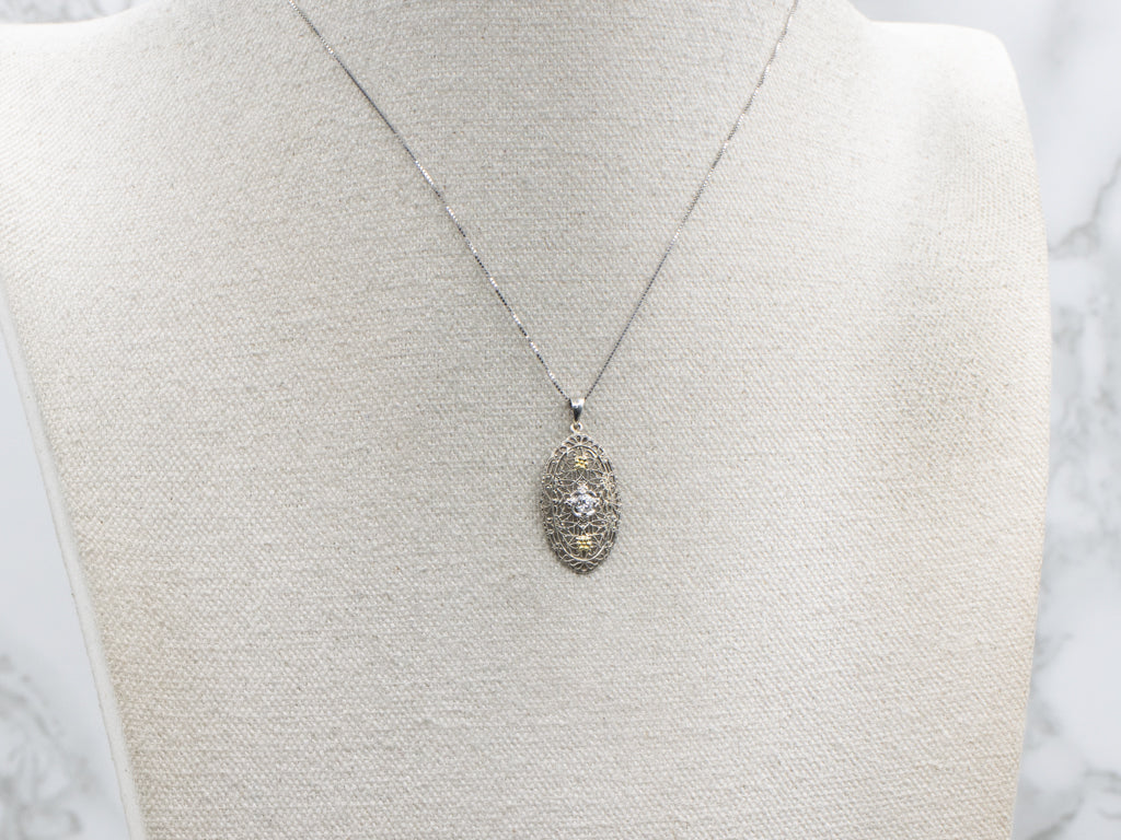 European Cut Diamond Art Deco Floral Filigree Pendant