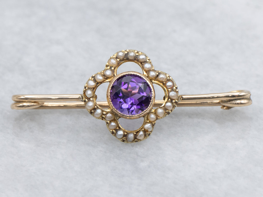 Antique Gold Amethyst and Seed Pearl Safety Pin