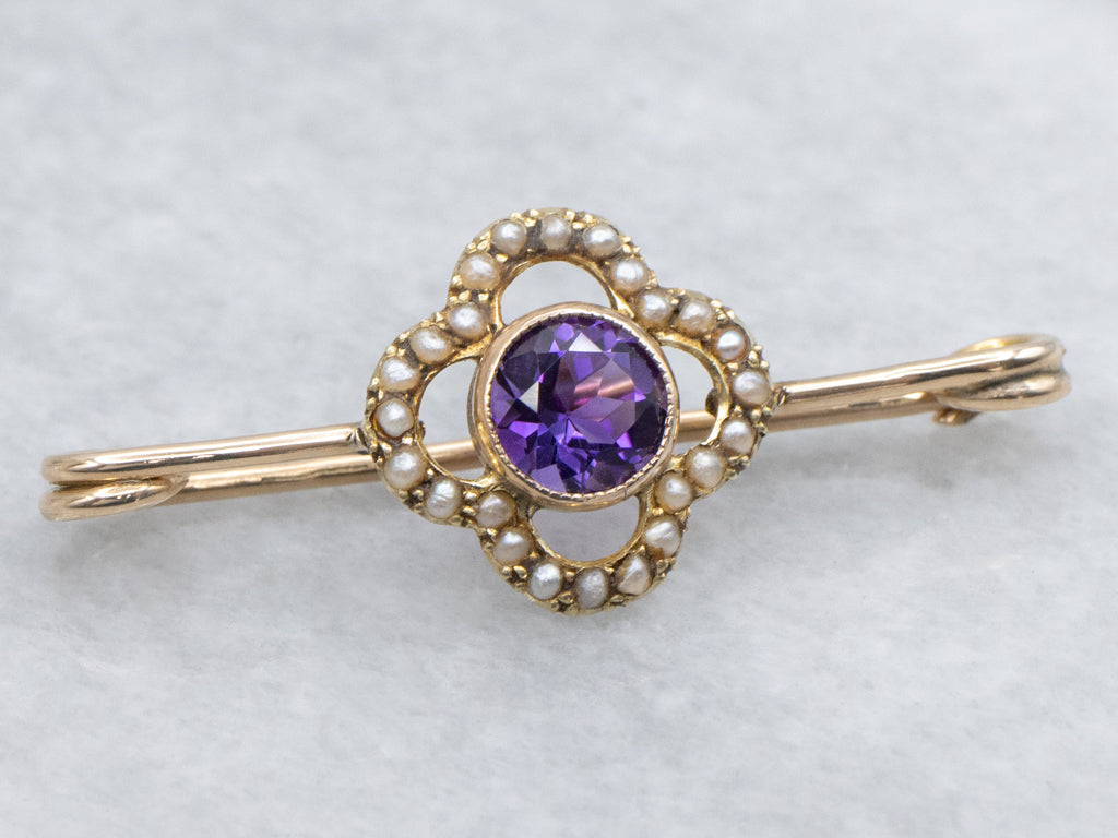Antique Gold Amethyst and Seed Pearl Safety Pin