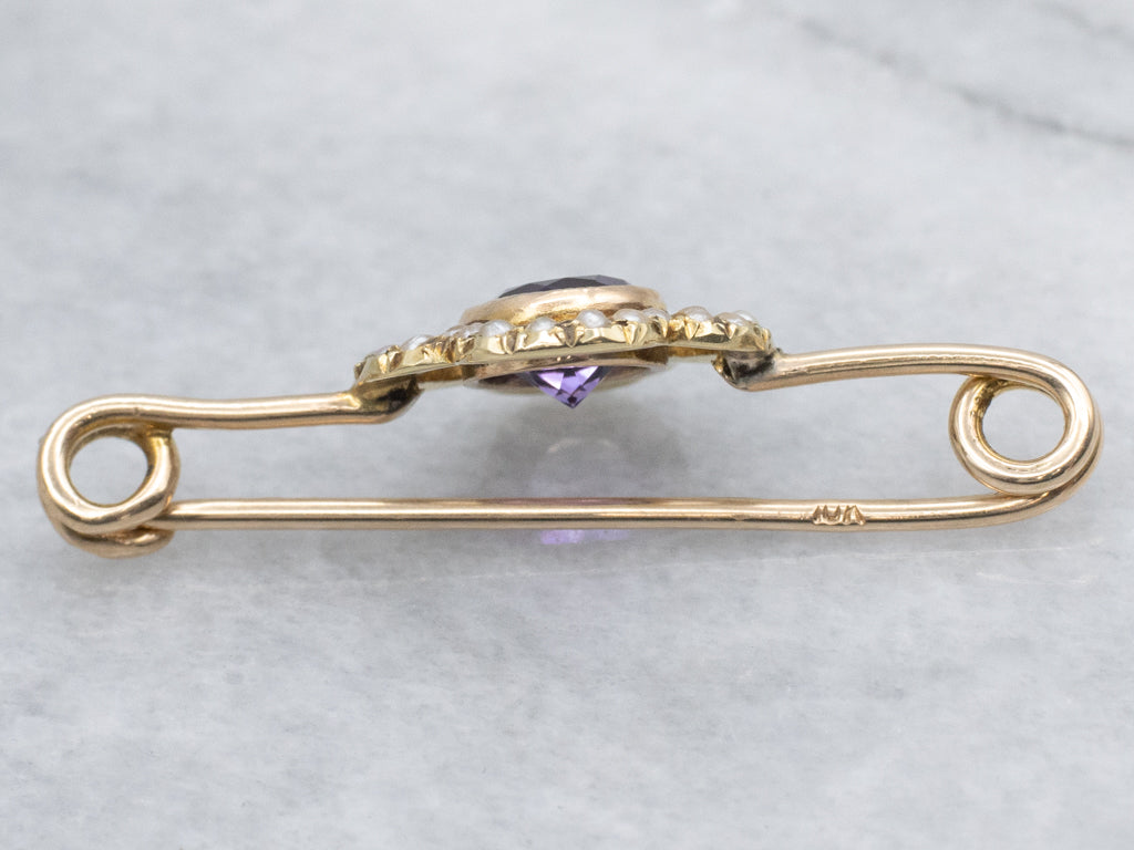 Antique Gold Amethyst and Seed Pearl Safety Pin