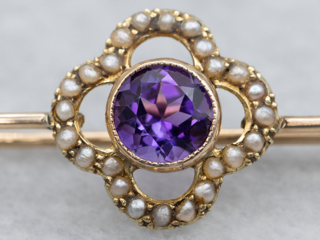 Antique Gold Amethyst and Seed Pearl Safety Pin
