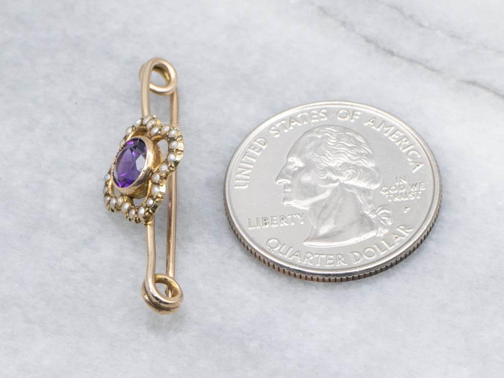 Antique Gold Amethyst and Seed Pearl Safety Pin