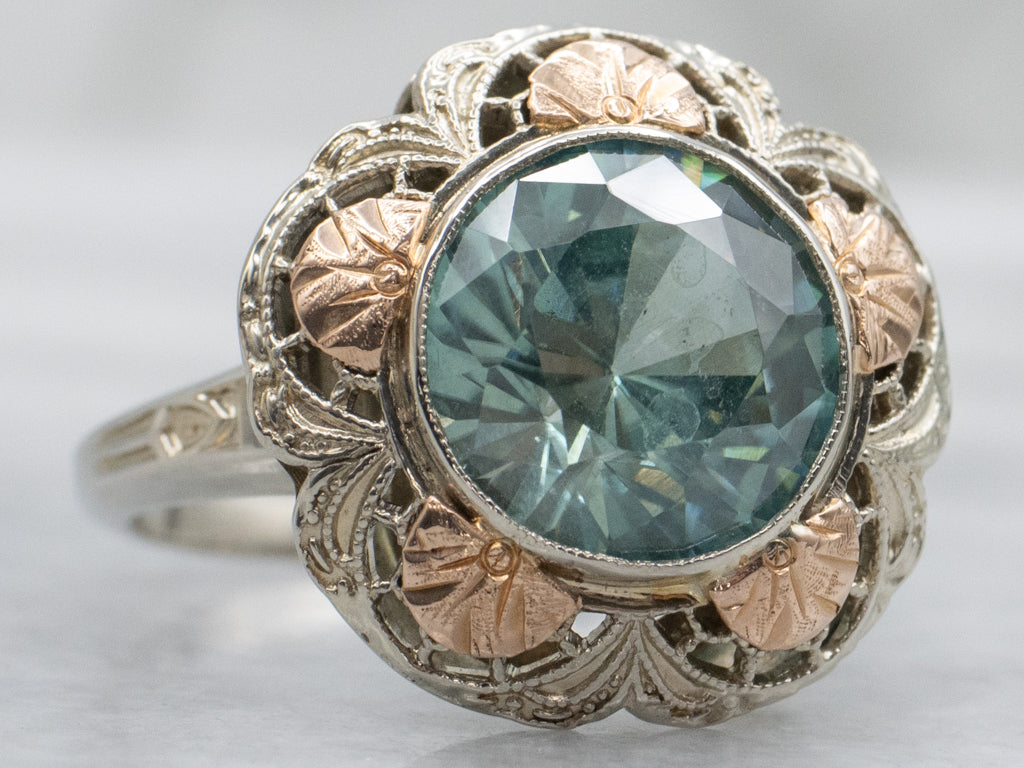 Antique Blue Zircon Two-Tone Floral Filigree Ring