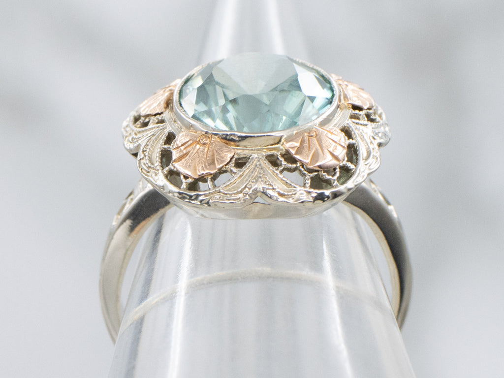 Antique Blue Zircon Two-Tone Floral Filigree Ring