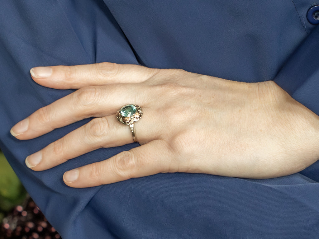 Antique Blue Zircon Two-Tone Floral Filigree Ring