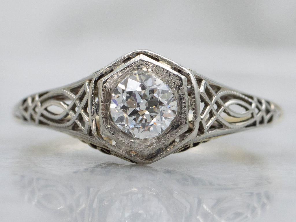 Old European Cut Diamond Filigree Art Deco Engagement Ring