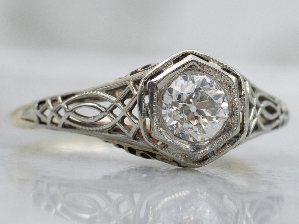 Old European Cut Diamond Filigree Art Deco Engagement Ring