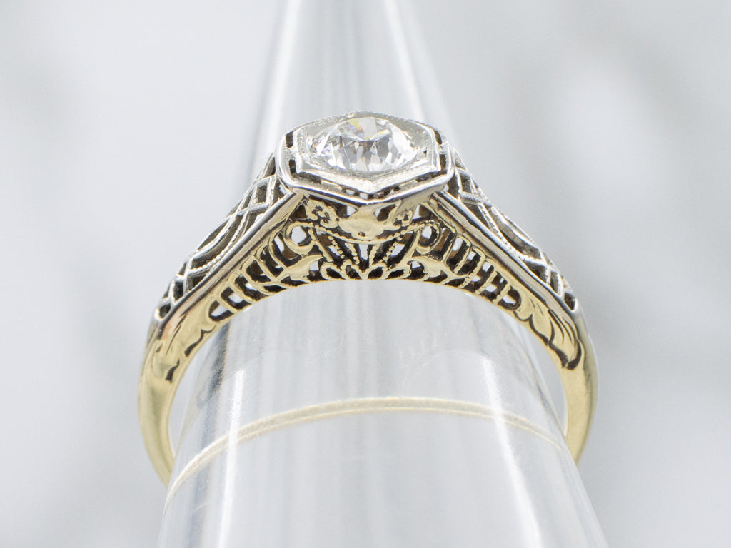 Old European Cut Diamond Filigree Art Deco Engagement Ring