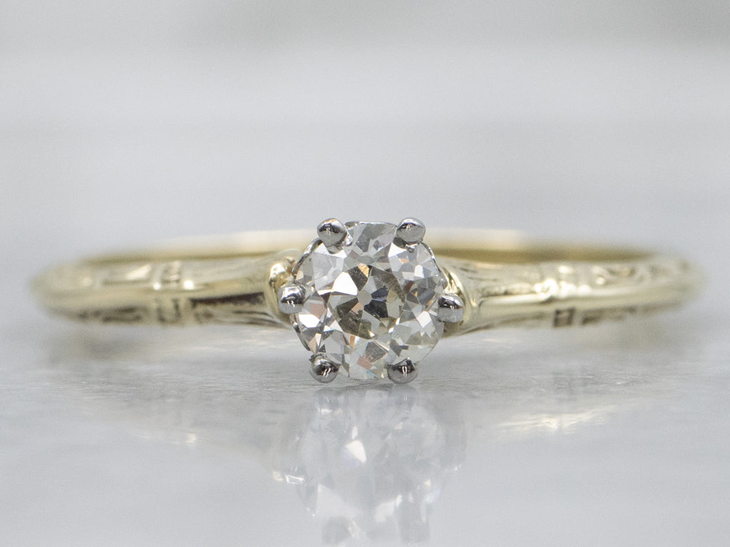 Antique Old Mine Cut Diamond Hand-Engraved Engagement Ring