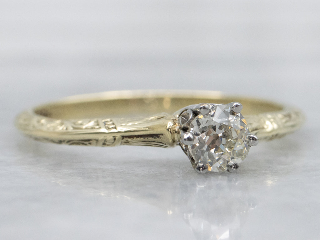 Antique Old Mine Cut Diamond Hand-Engraved Engagement Ring
