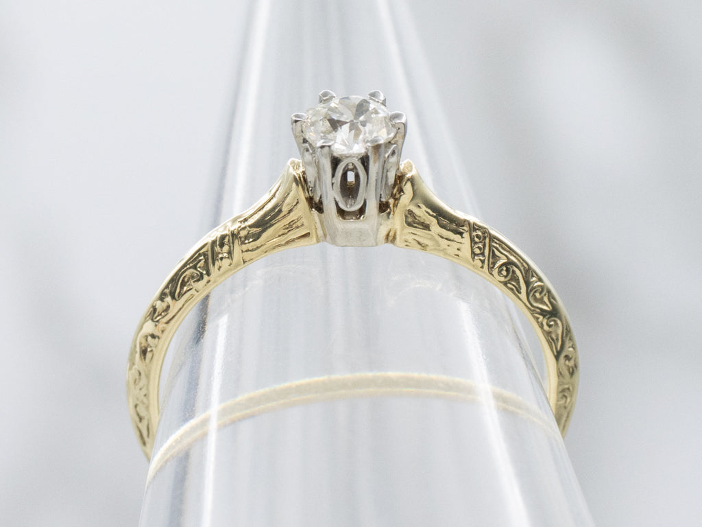 Antique Old Mine Cut Diamond Hand-Engraved Engagement Ring