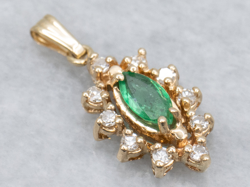 Marquise-Emerald and Diamond Halo Gold Pendant
