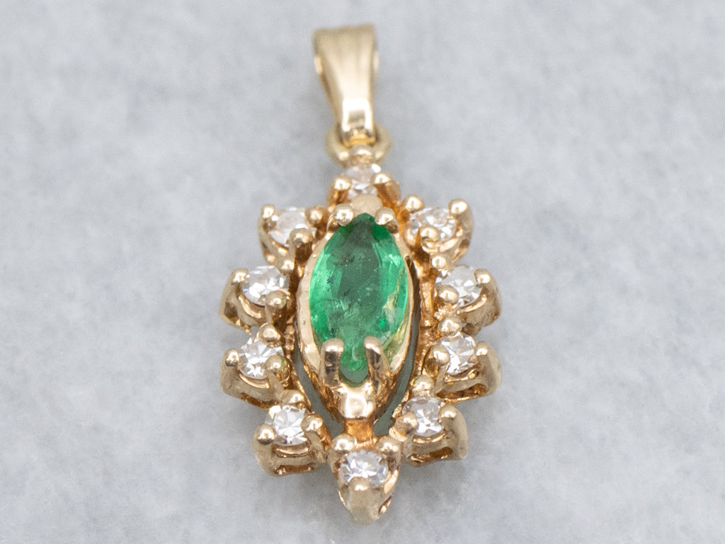 Marquise-Emerald and Diamond Halo Gold Pendant