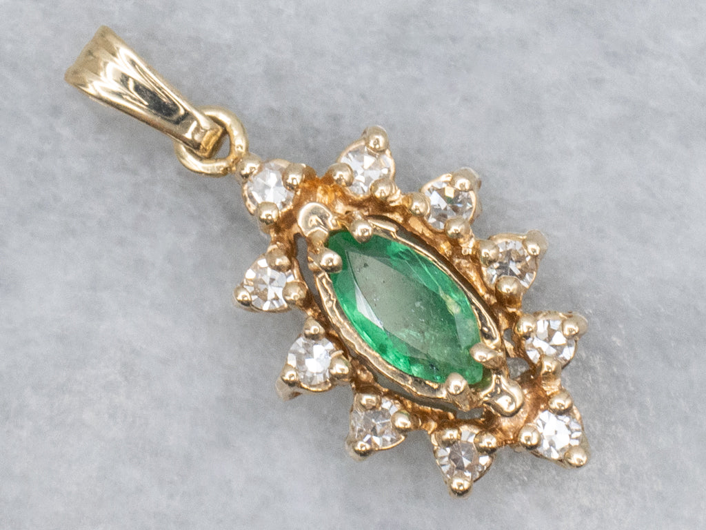 Marquise-Emerald and Diamond Halo Gold Pendant