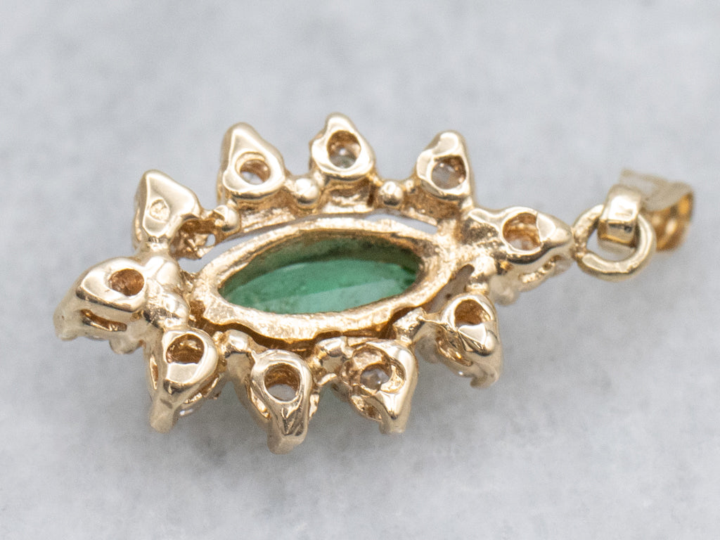Marquise-Emerald and Diamond Halo Gold Pendant