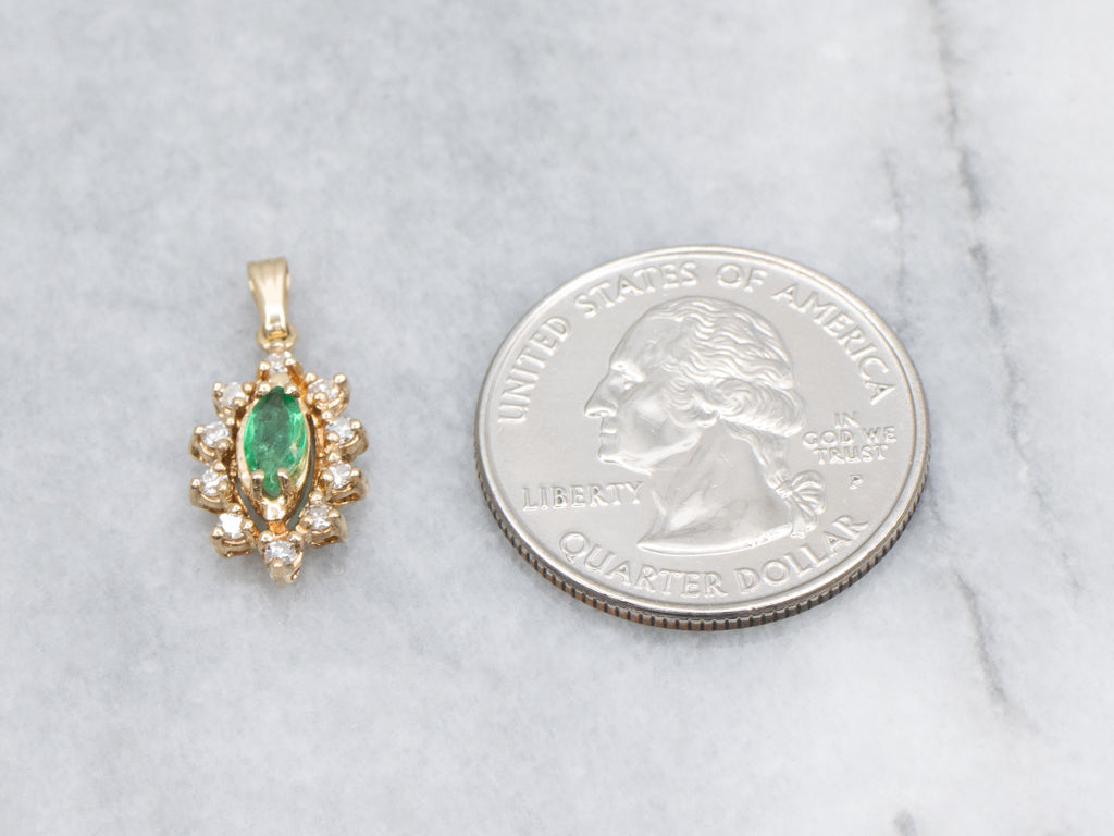 Marquise-Emerald and Diamond Halo Gold Pendant