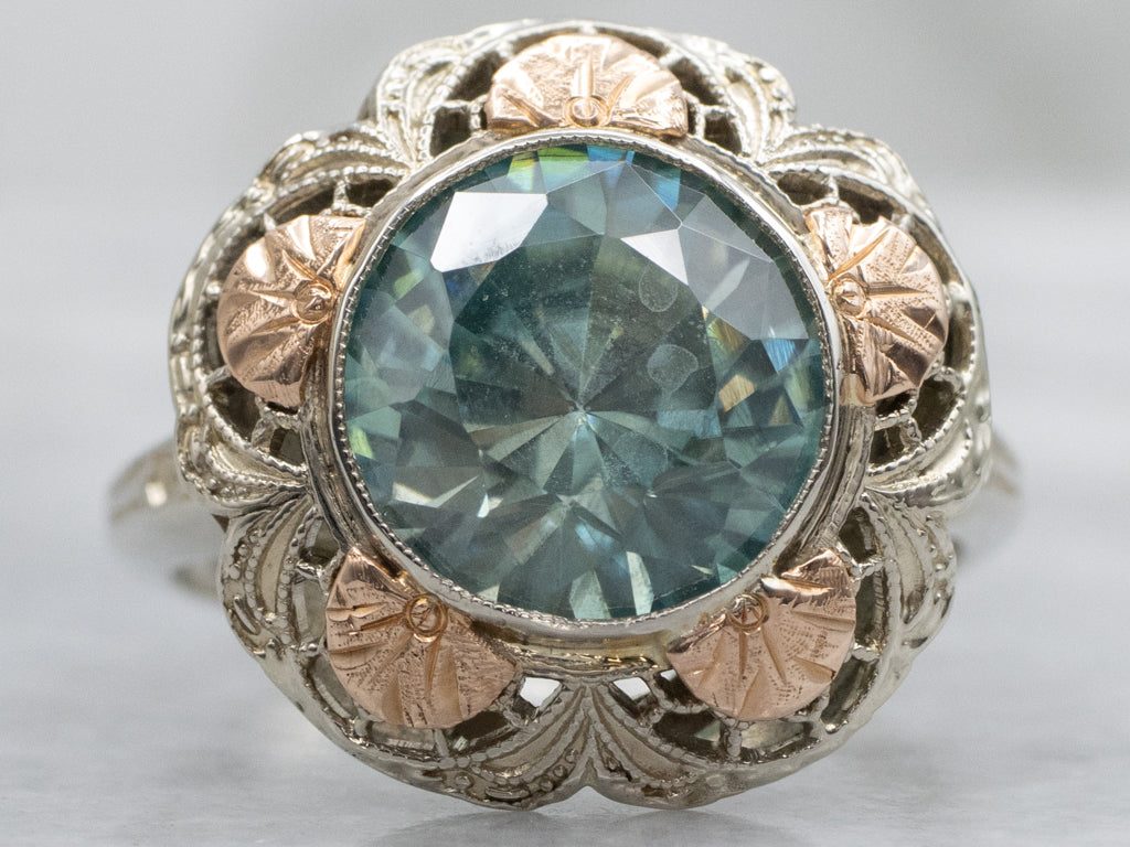 Antique Blue Zircon Two-Tone Floral Filigree Ring