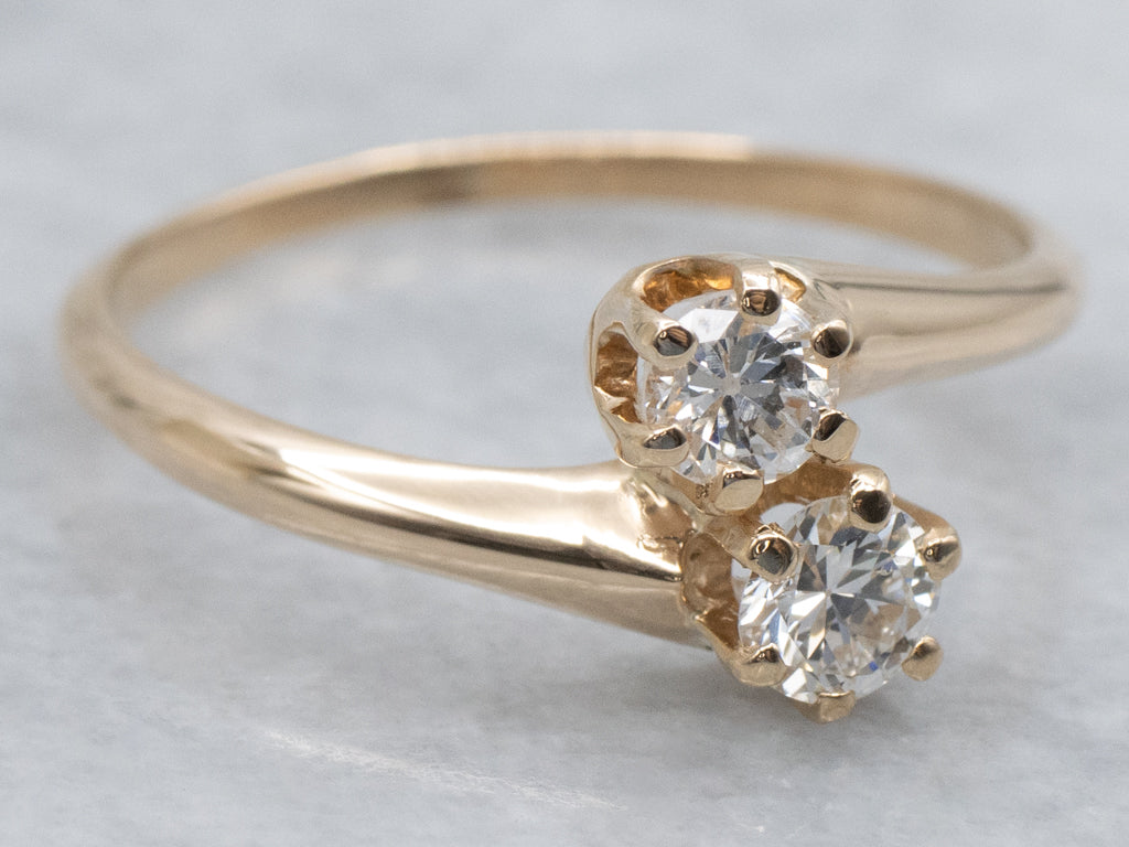 Double Old Mine Cut Diamond Yellow Gold Bypass Ring