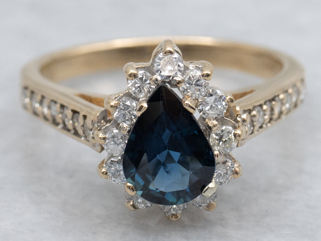 Modern Pear-Cut Sapphire and Diamond Halo Ring