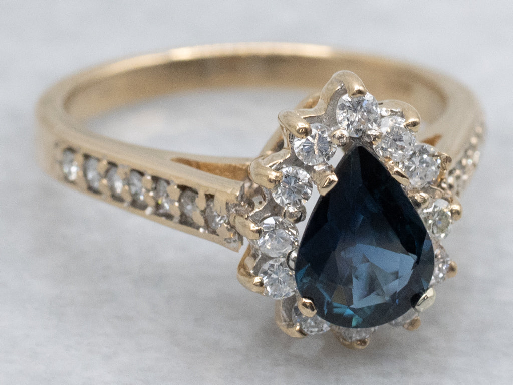 Modern Pear-Cut Sapphire and Diamond Halo Ring