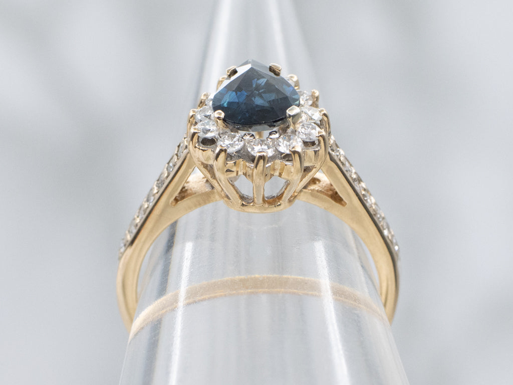 Modern Pear-Cut Sapphire and Diamond Halo Ring