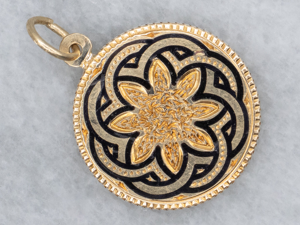 Victorian Black Enamel Knot and Textured Gold Cufflink Conversion Pendant