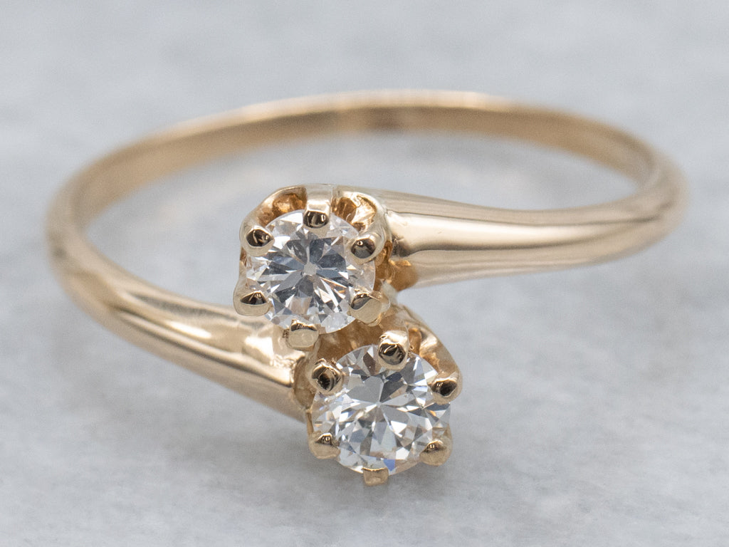 Double Old Mine Cut Diamond Yellow Gold Bypass Ring