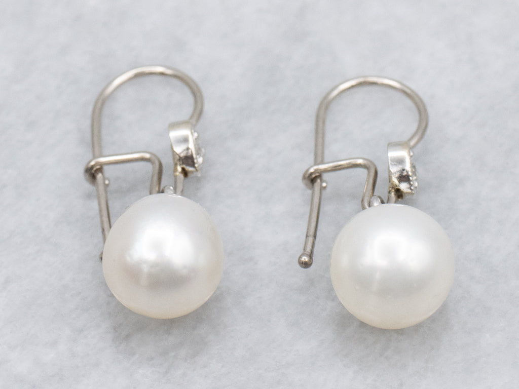 White Gold Sweetheart Diamond and Pearl Drop Earrings