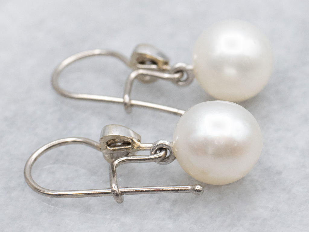 White Gold Sweetheart Diamond and Pearl Drop Earrings