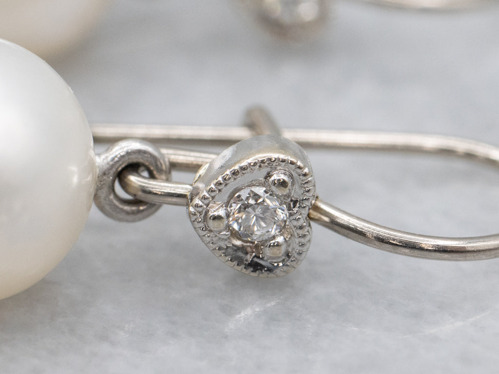 White Gold Sweetheart Diamond and Pearl Drop Earrings