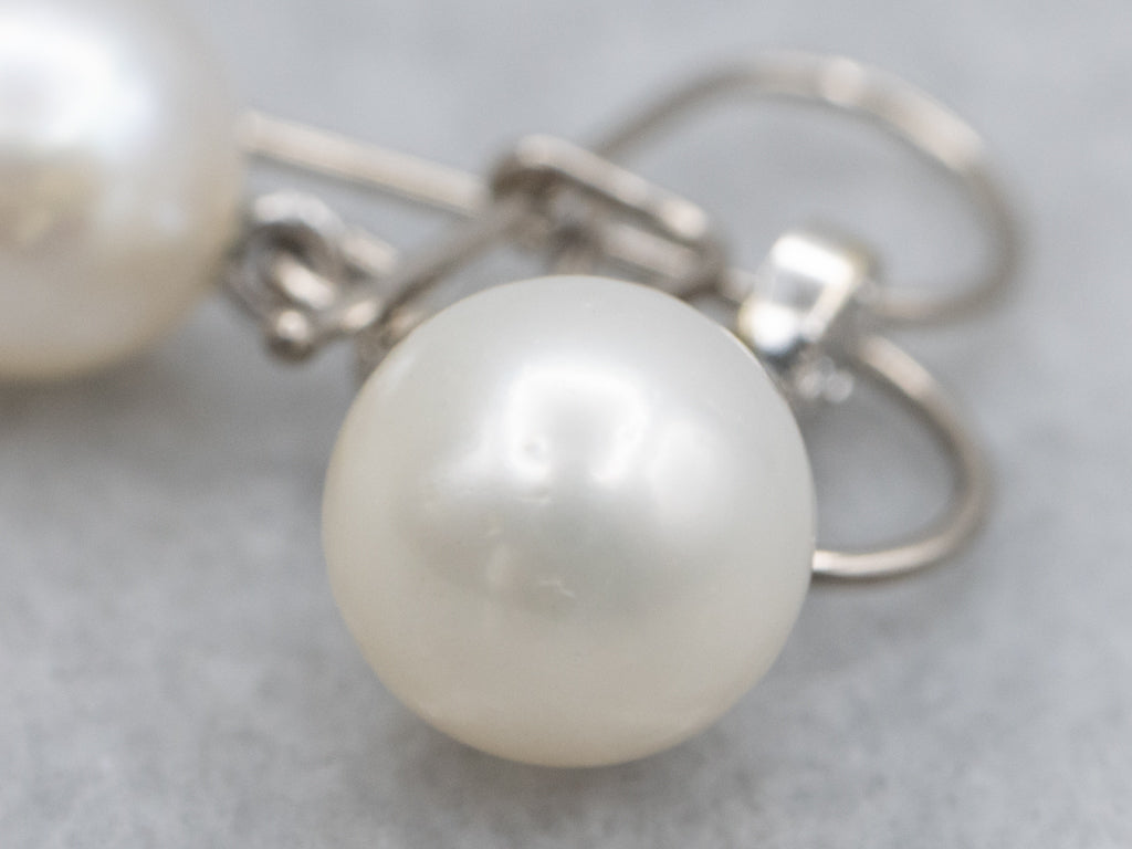 White Gold Sweetheart Diamond and Pearl Drop Earrings