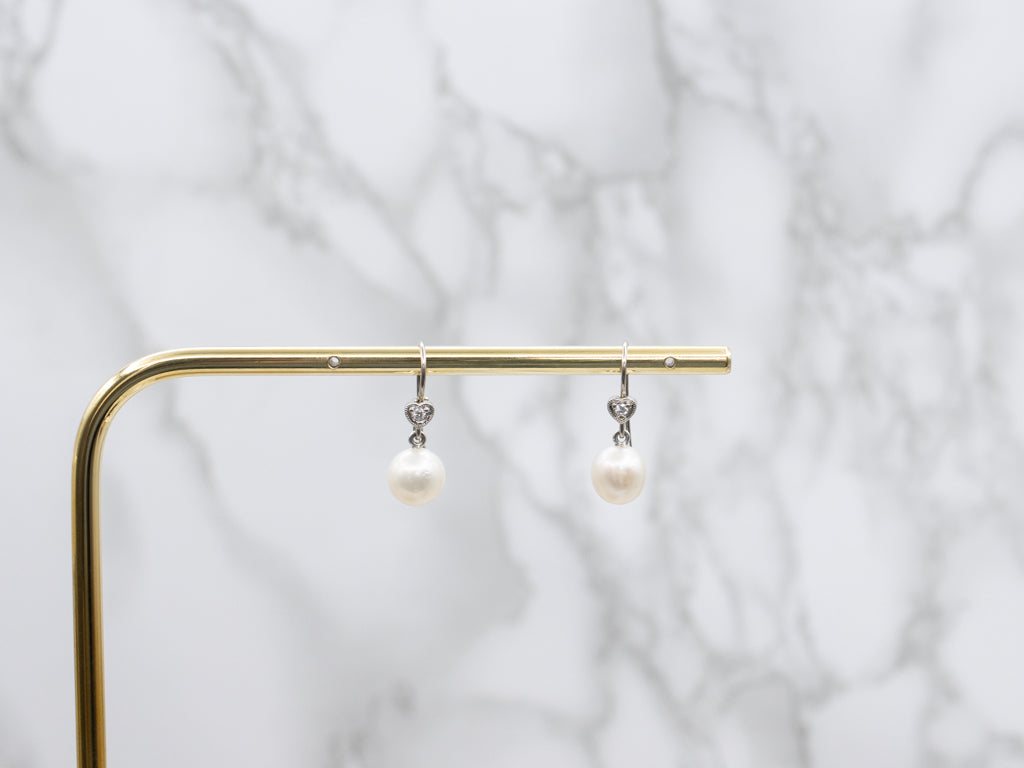 White Gold Sweetheart Diamond and Pearl Drop Earrings