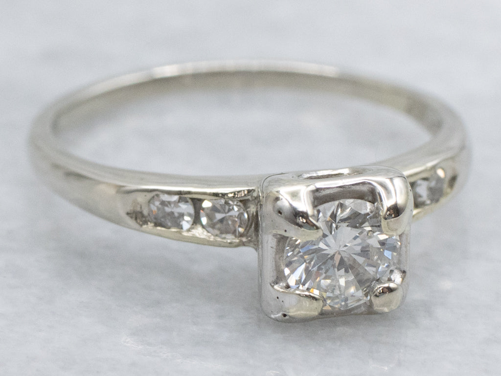 Vintage Diamond White Gold Engagement Ring with Channel Set Shoulders