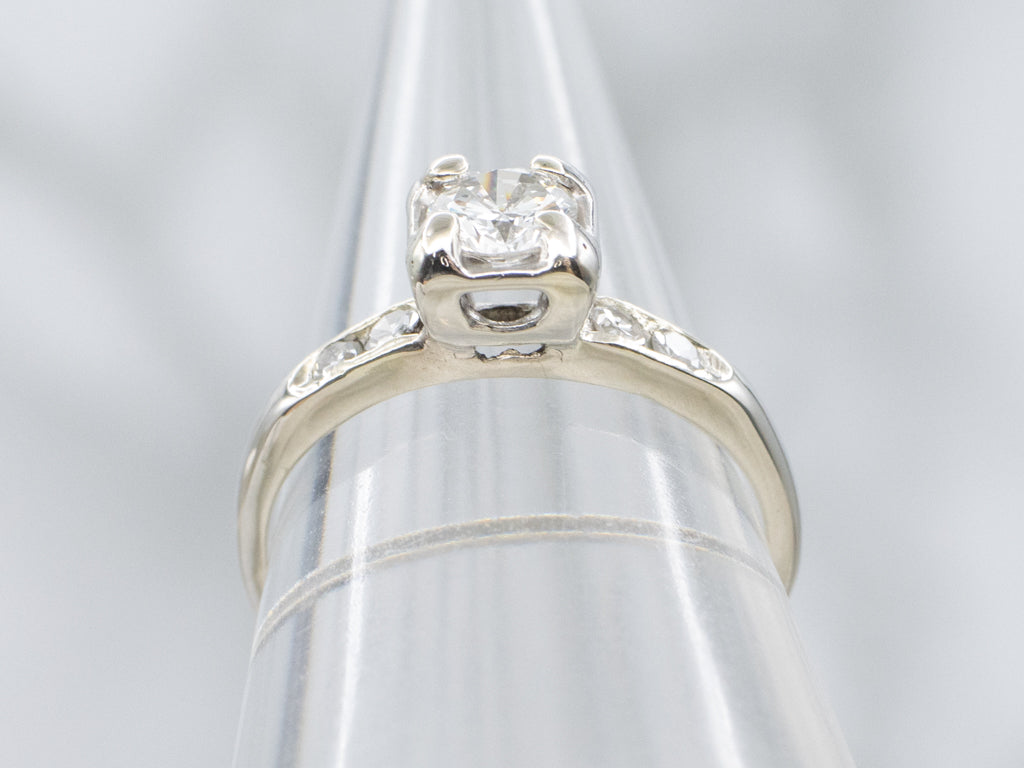 Vintage Diamond White Gold Engagement Ring with Channel Set Shoulders