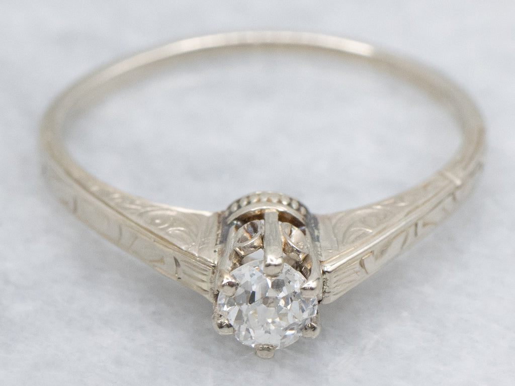 Antique Hand-Engraved Old Mine Cut Diamond Engagement Ring