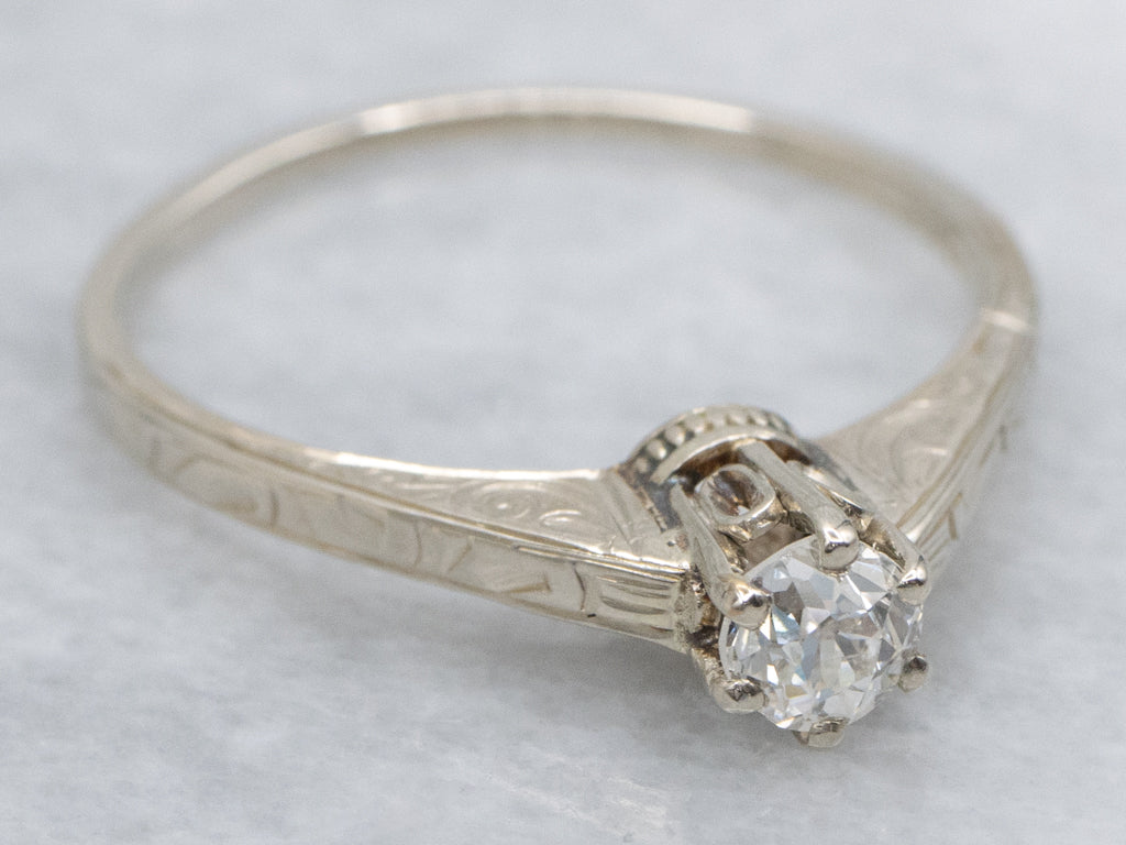 Antique Hand-Engraved Old Mine Cut Diamond Engagement Ring