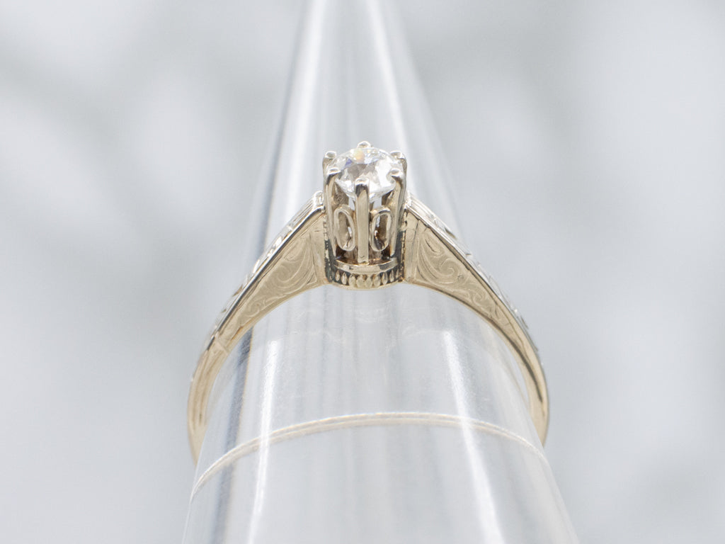Antique Hand-Engraved Old Mine Cut Diamond Engagement Ring