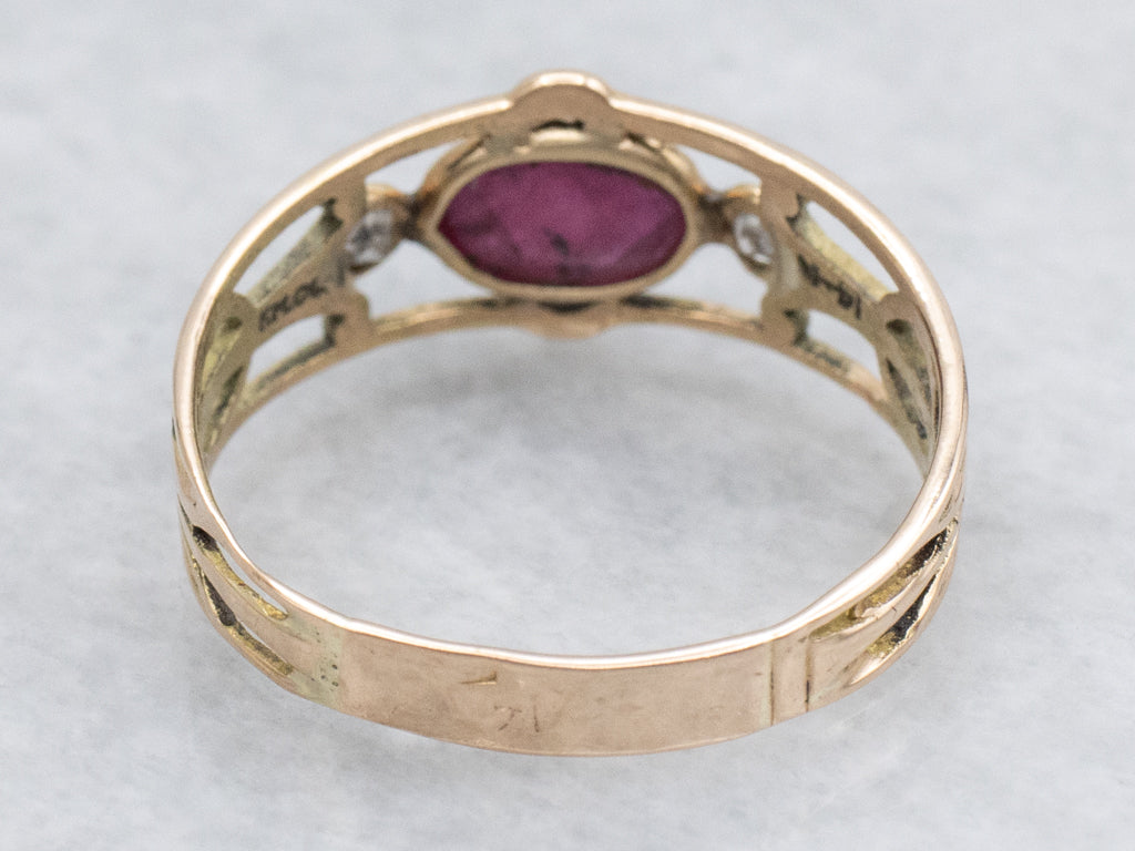 East-West Set Ruby Cabochon and Diamond Gold Ring