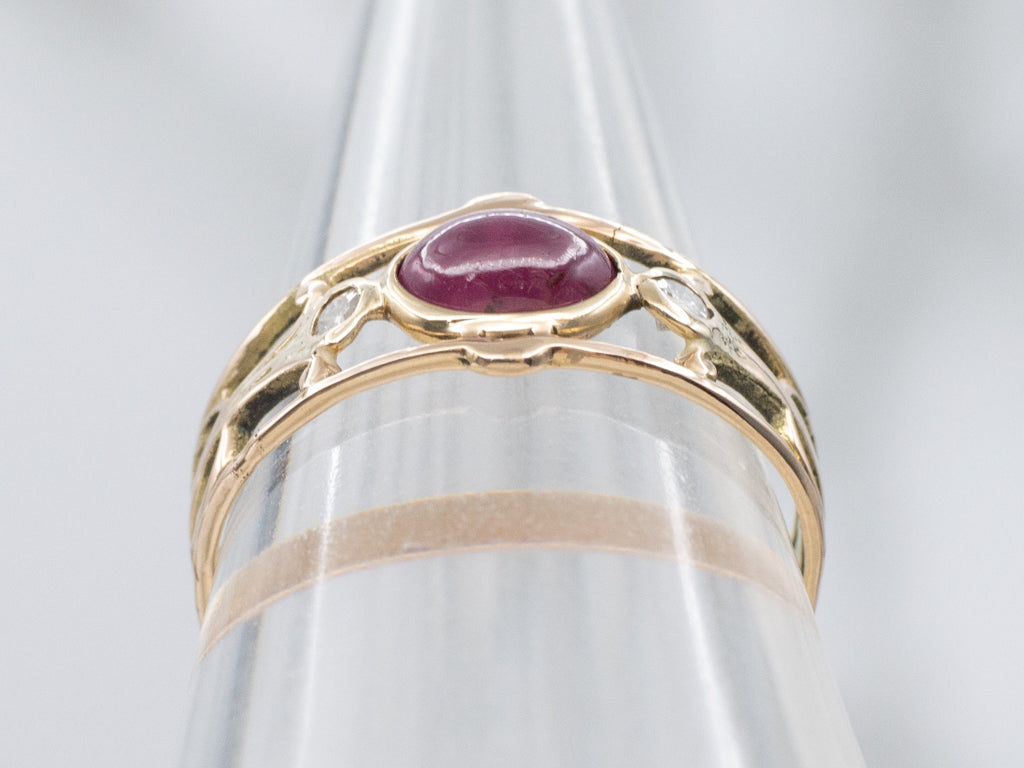 East-West Set Ruby Cabochon and Diamond Gold Ring
