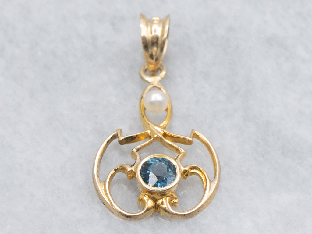Sapphire Gold and Pearl Antique Stickpin Conversion Pendant