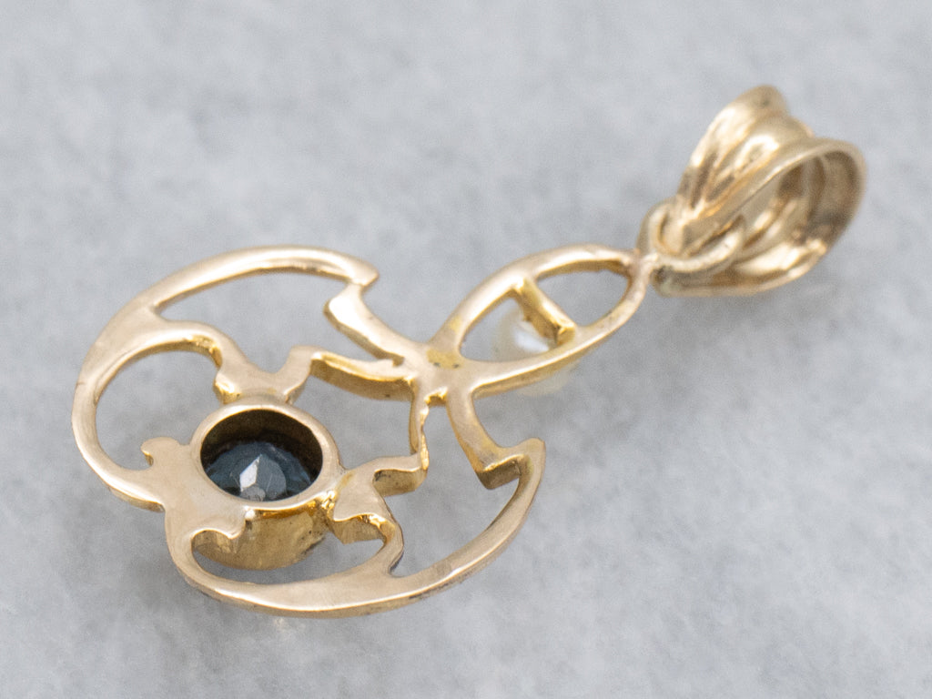 Sapphire Gold and Pearl Antique Stickpin Conversion Pendant
