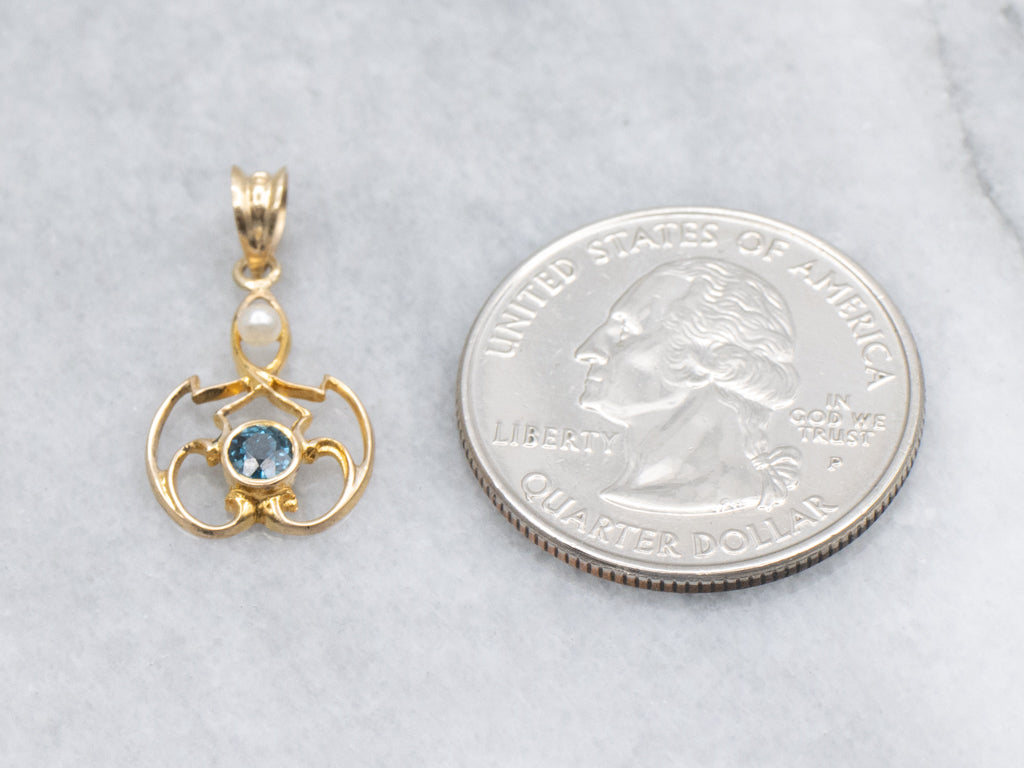 Sapphire Gold and Pearl Antique Stickpin Conversion Pendant