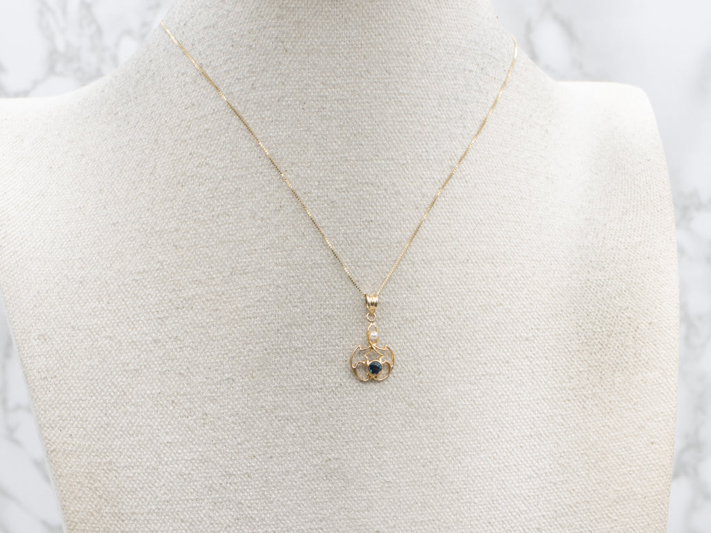 Sapphire Gold and Pearl Antique Stickpin Conversion Pendant