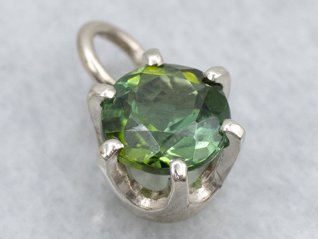 Round-Cut Green Tourmaline and White Gold Solitaire Pendant