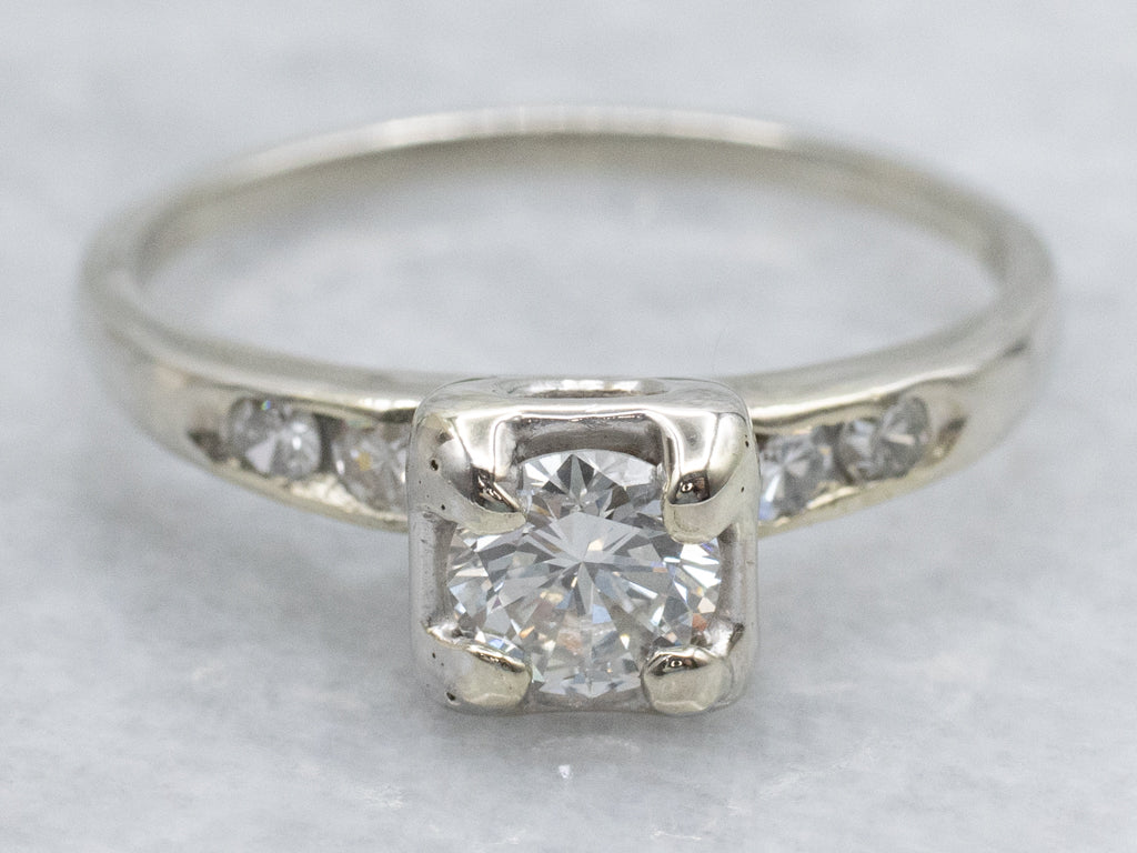 Vintage Diamond White Gold Engagement Ring with Channel Set Shoulders
