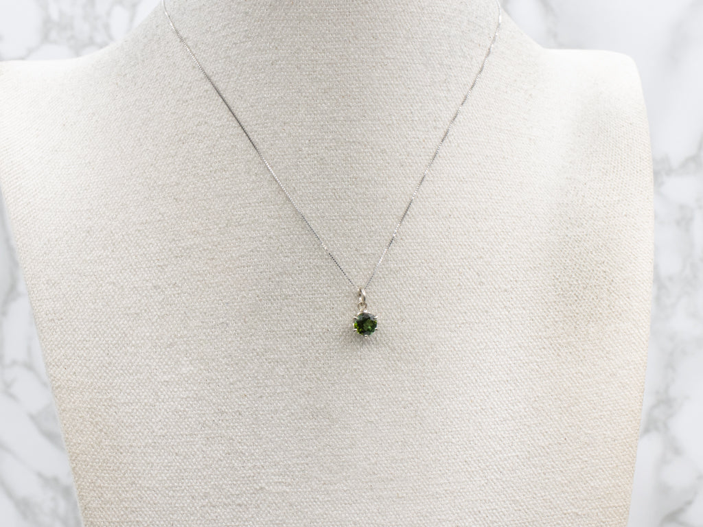 Round-Cut Green Tourmaline and White Gold Solitaire Pendant