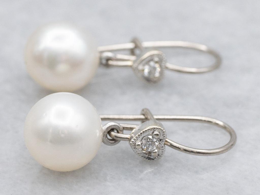 White Gold Sweetheart Diamond and Pearl Drop Earrings