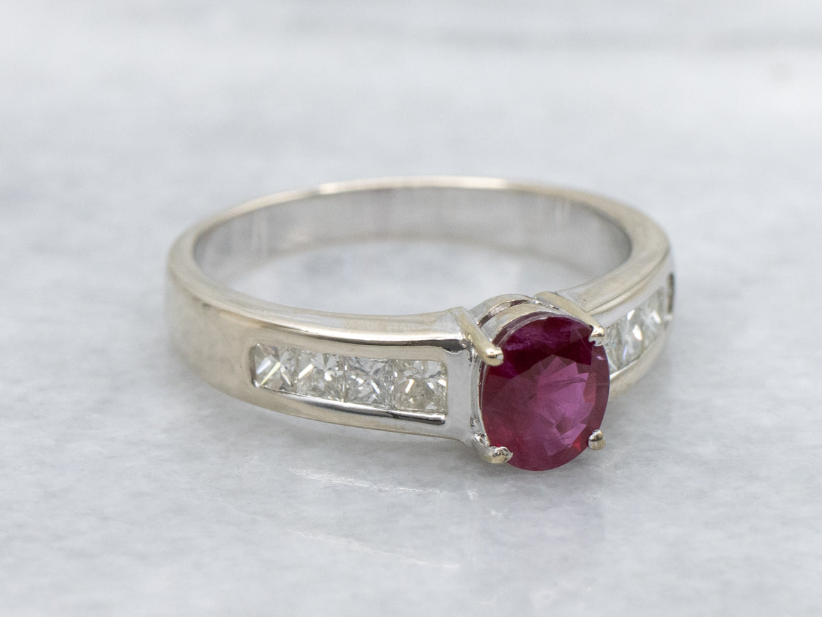 Modern Ruby 18-Karat White Gold Engagement Ring with Princess Cut Diamond Accents
