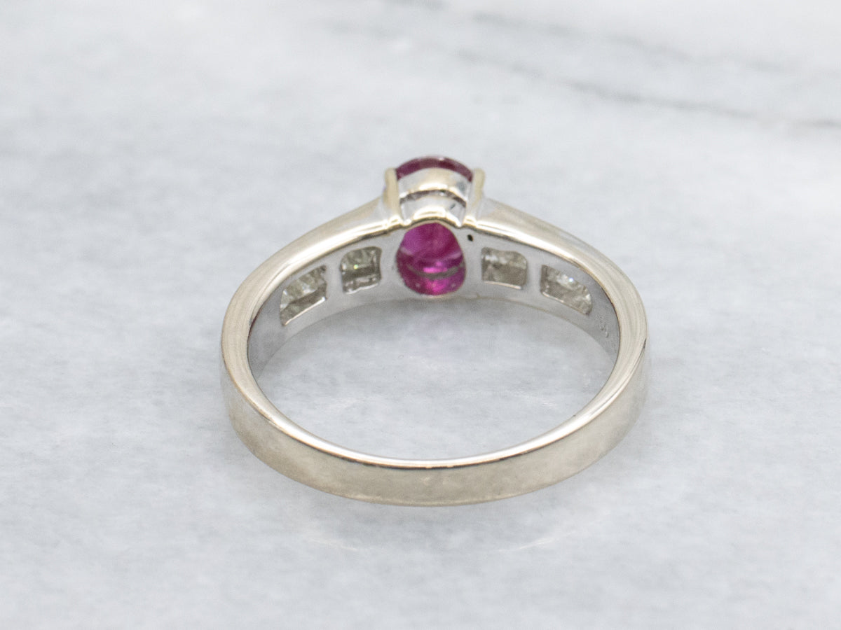 Modern Ruby 18-Karat White Gold Engagement Ring with Princess Cut Diamond Accents
